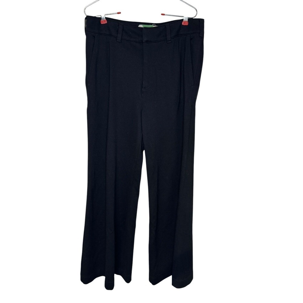 Anthropologie Women Pants Flared Leg Flat Front Pleated‎ Stretch Navy Blue Sz.30